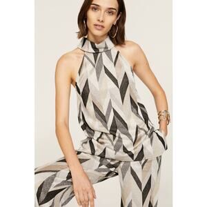 Trina Turk Jocular Geometric Chevron Silver Metallic Mock Neck Sleeveless Top XS